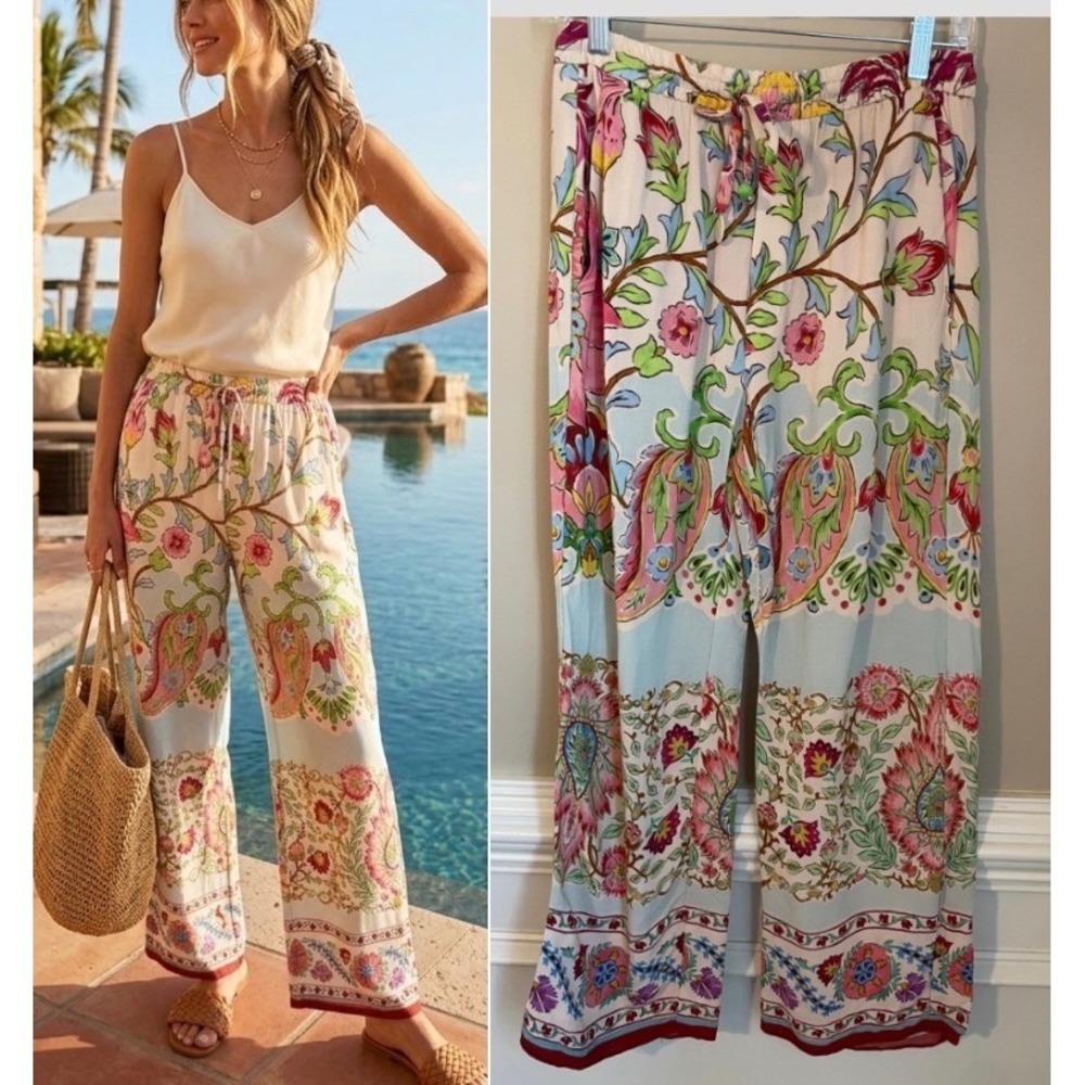 Zara Size S Floral Paisley Print Wide Leg Pajama Style Pants‎ Resortwear Summer
